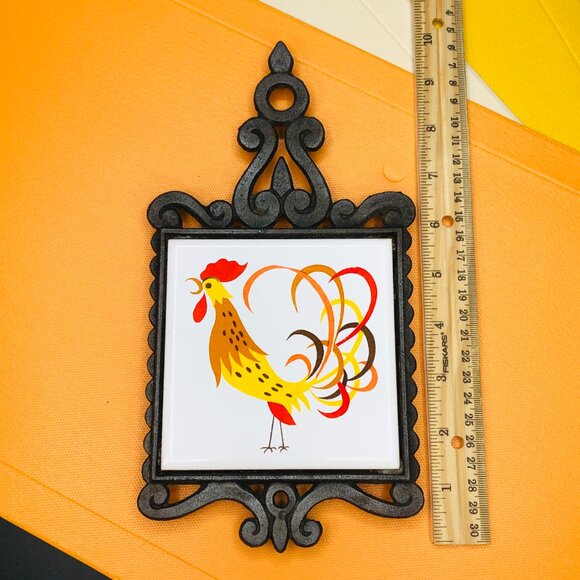 Midcentury Rooster Cast Iron Ceramic Tile Trivet Vintage Country Kitchen Decor - Picture 12 of 12